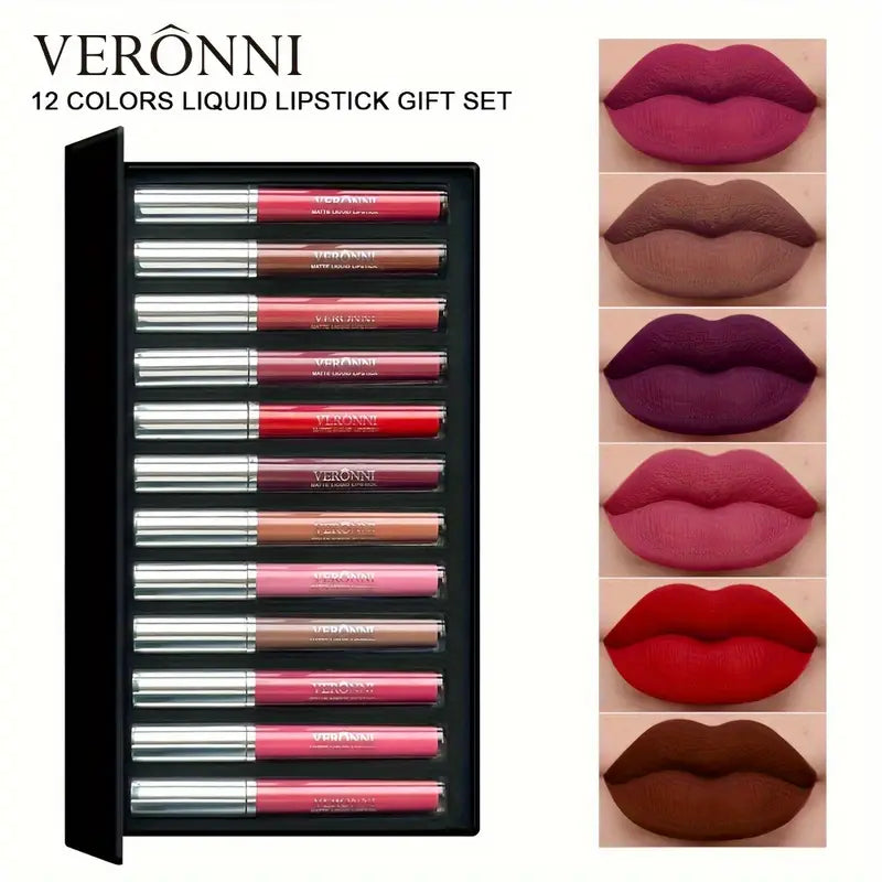 VERONNI 12pcs Long-Lasting Matte Lip Glaze Set