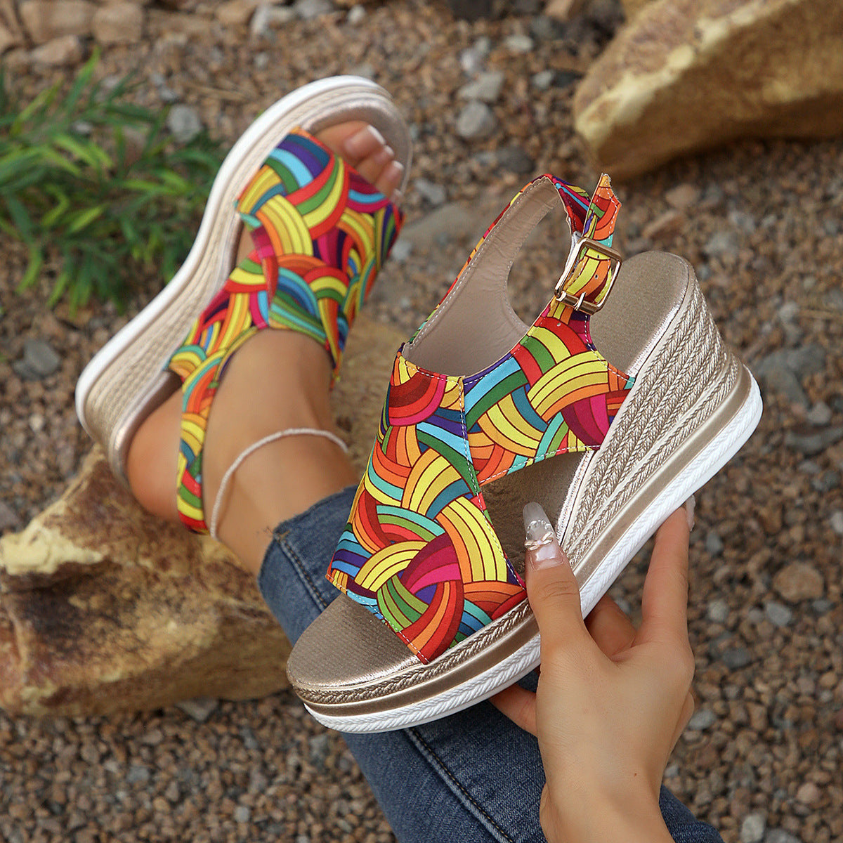 Women's Colorful Striped Roman Wedge Sandals