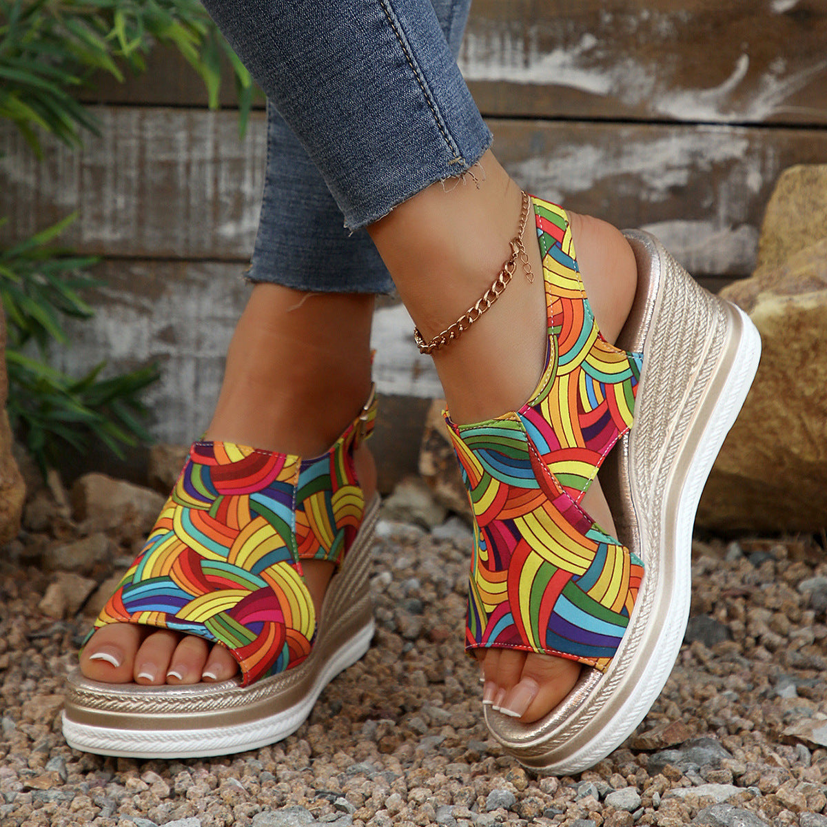 Women's Colorful Striped Roman Wedge Sandals