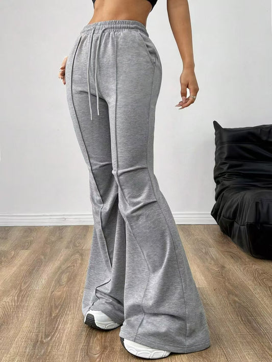 Solid Color Casual Pants, High Waist Drawstring Flare Pants  for Women