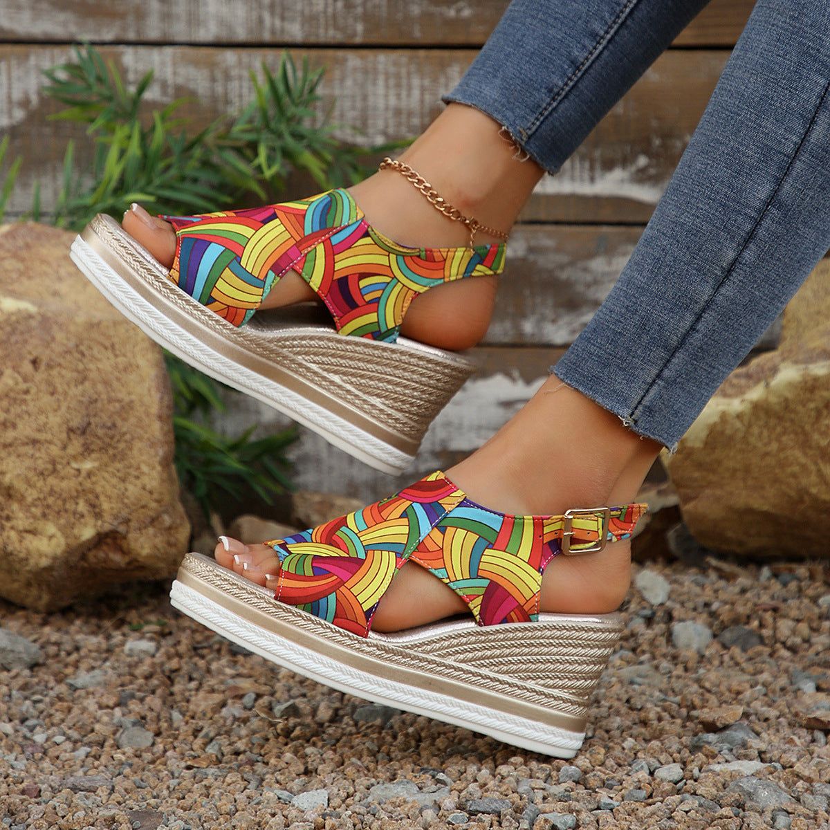 Women's Colorful Striped Roman Wedge Sandals