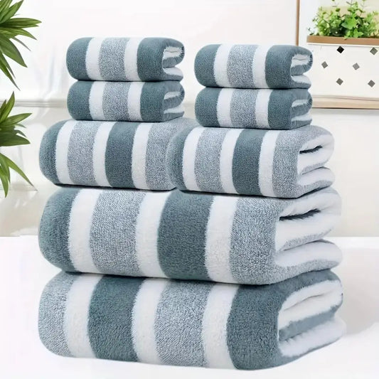 8pcs Non-Shedding Super Absorbent  Dual-Tone Striped Bath Towel Set