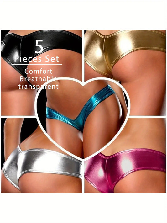 5-Piece Set of Women's Patent Leather PU Low-Rise Fashion Briefs