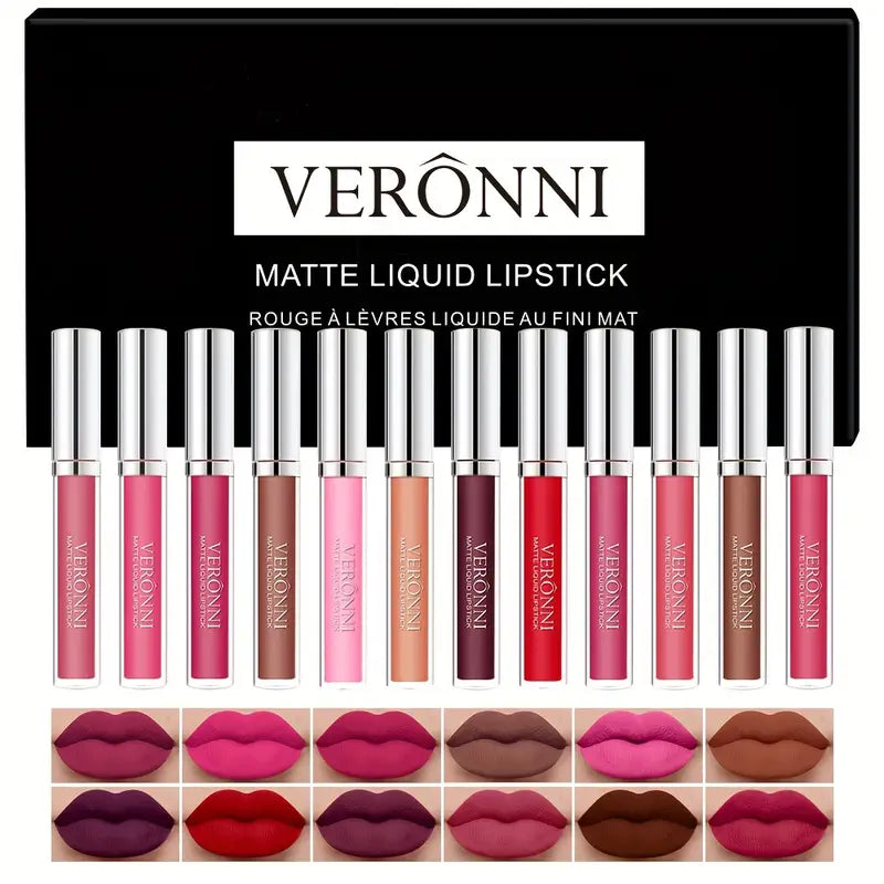 VERONNI 12pcs Long-Lasting Matte Lip Glaze Set