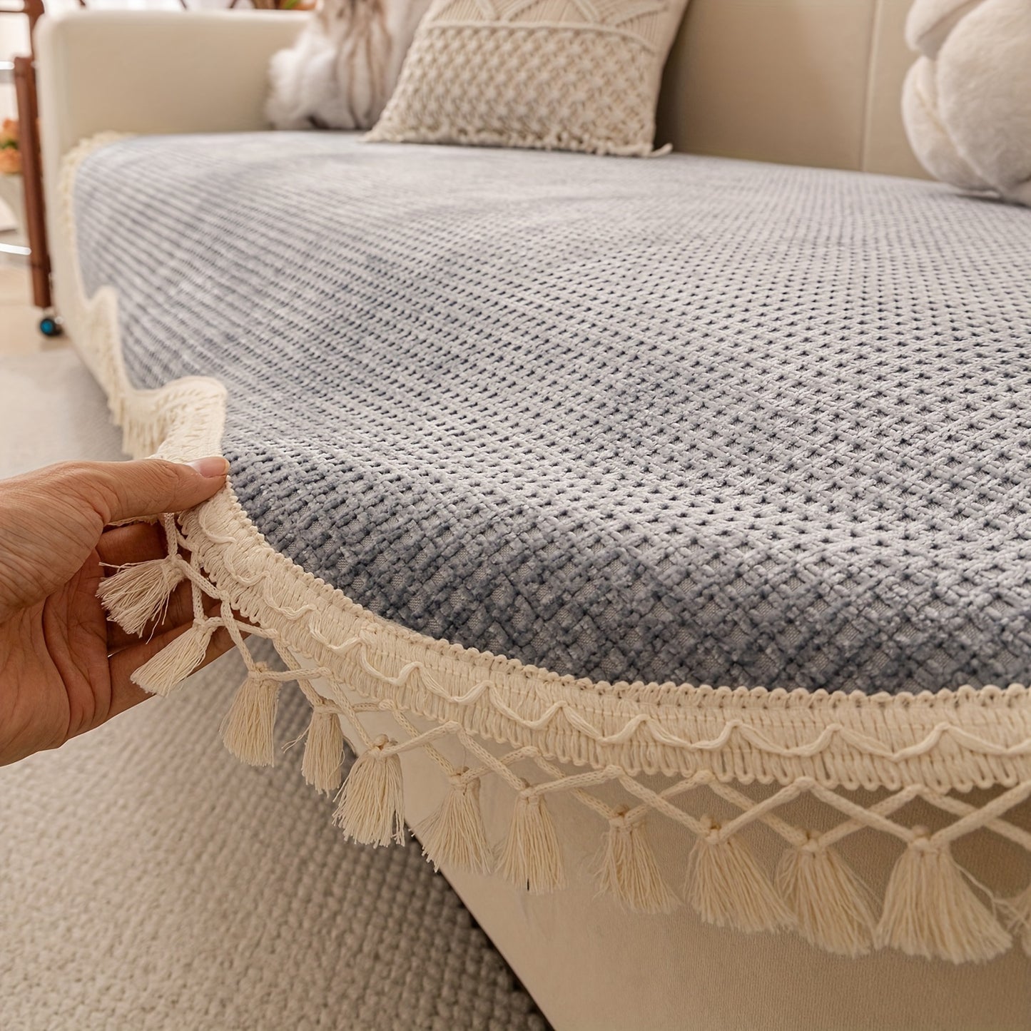 Classic Style Chenille Sofa Cover with Tassels