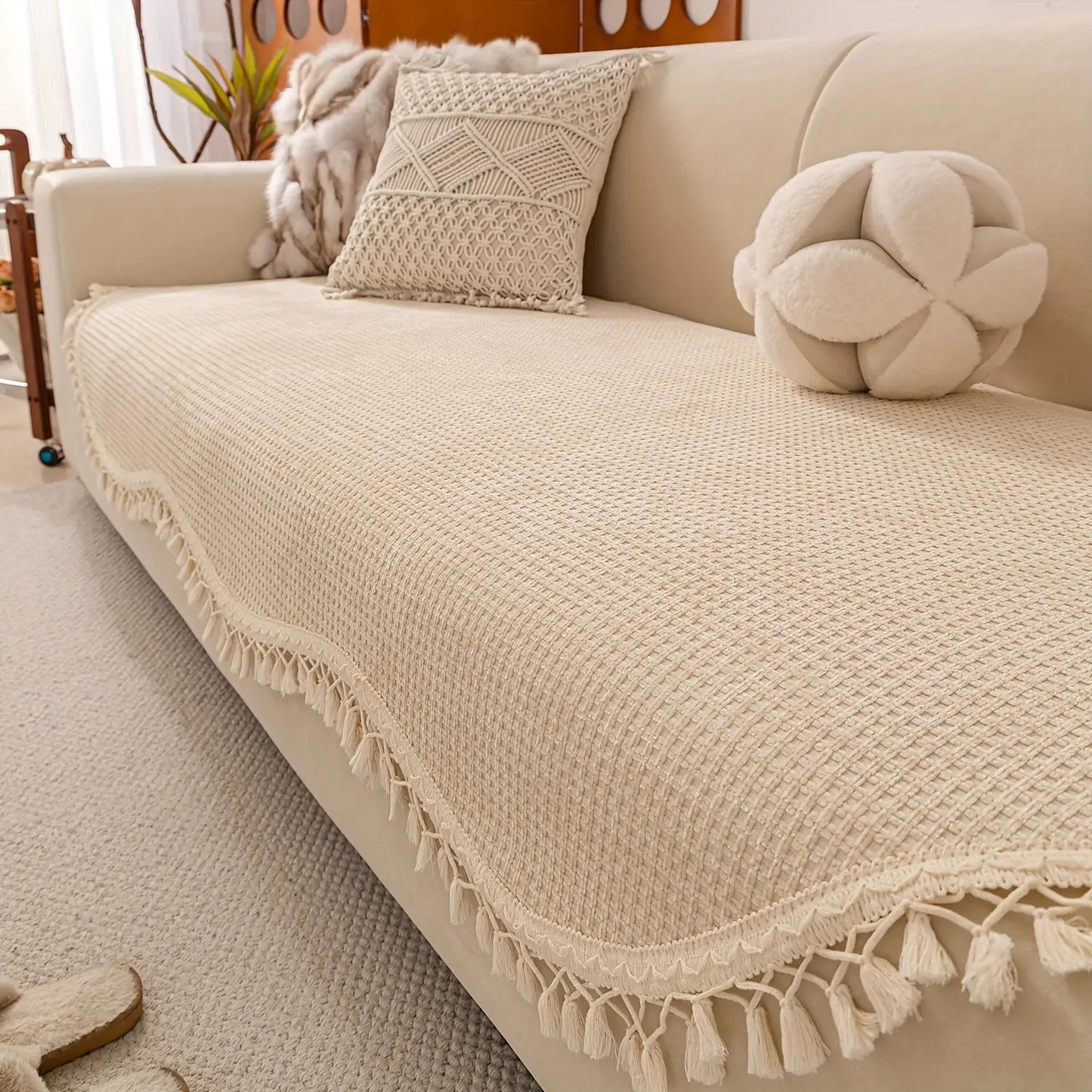 Classic Style Chenille Sofa Cover with Tassels