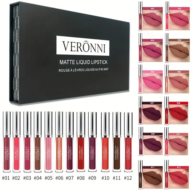 VERONNI 12pcs Long-Lasting Matte Lip Glaze Set