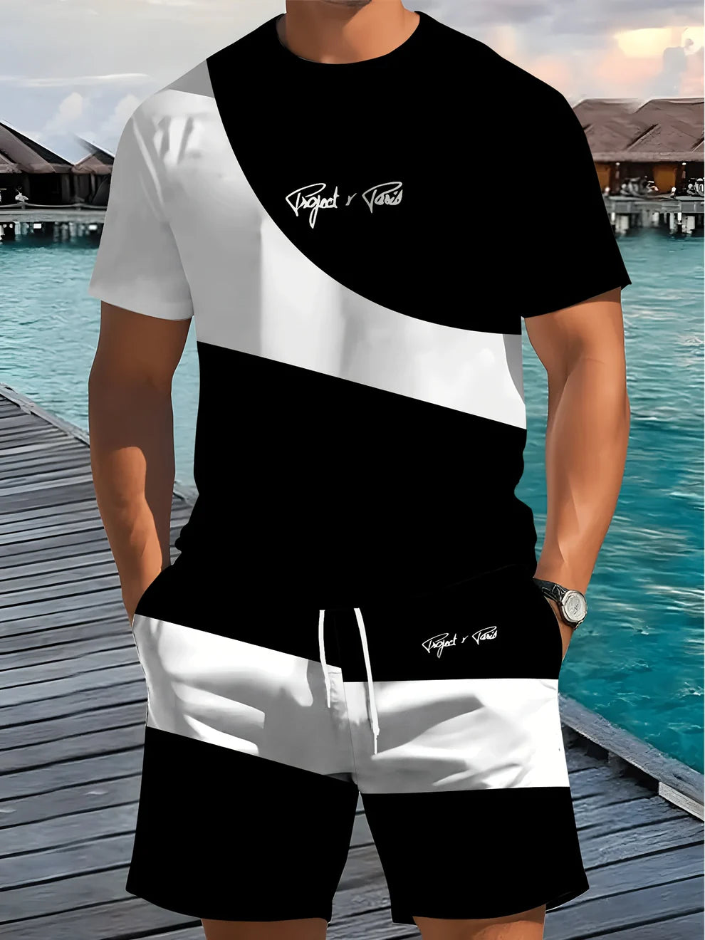 1 set of 2pcs 3D letter print stylish three-color Men's summer fresh T-shirt and shorts set