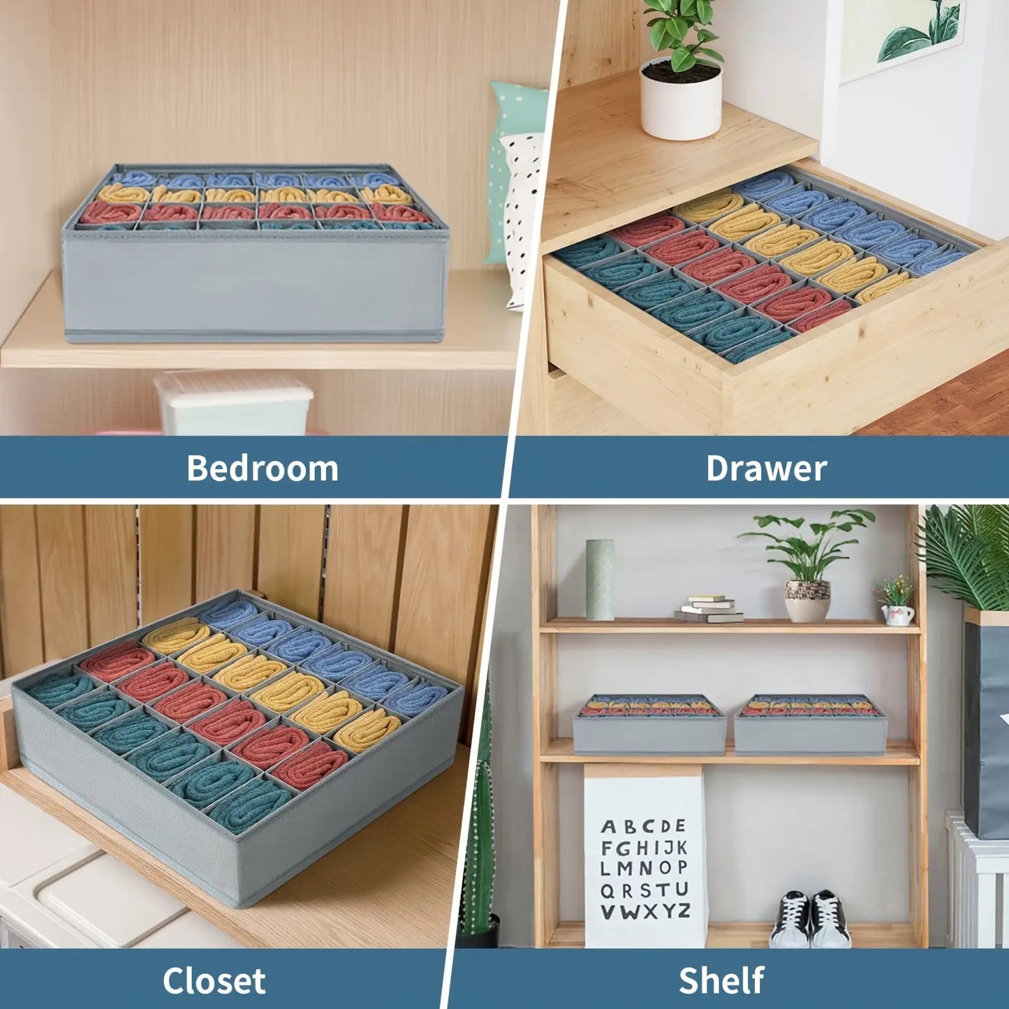 3 Pack 24-Compartment Fabric Socks & Underwear Organizers