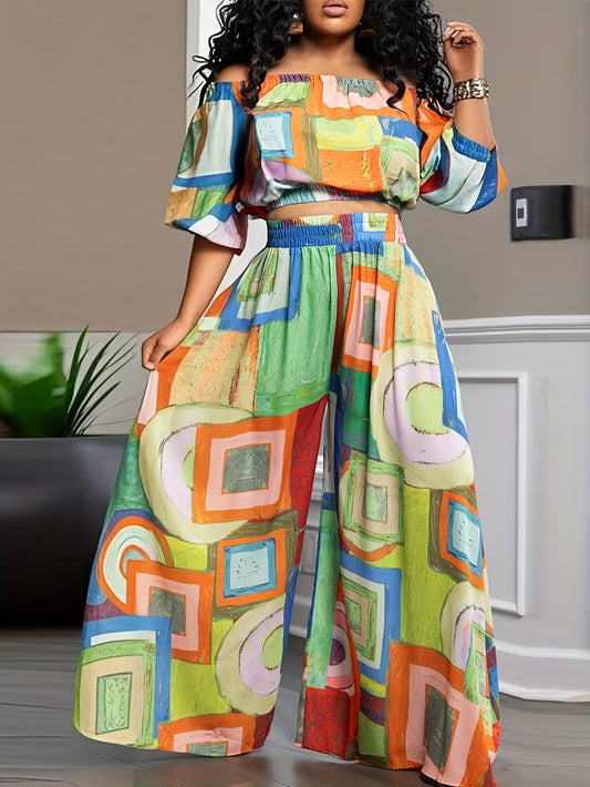 Summer Paisley Print Single Shoulder Bat Sleeve Off Shoulder Short Top And Wide Leg Pants Set