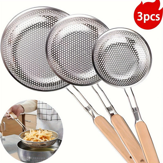 3pcs Stainless Steel Wooden Handle Strainer Set