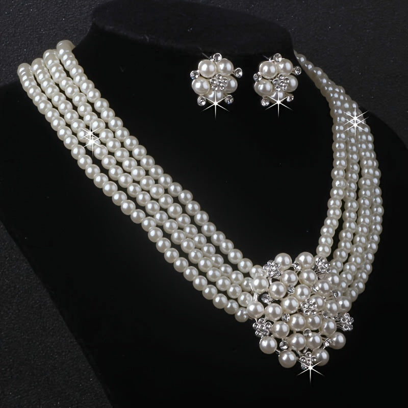 [Atmospheric Flower Necklace] 4-row Bead Necklace with a pair of earrings set
