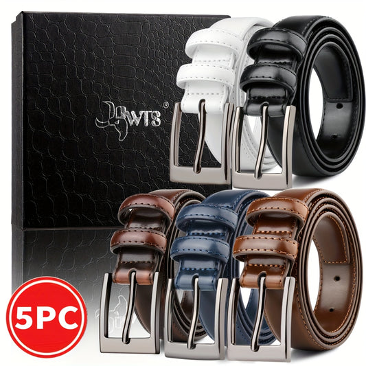 5pcs Men's Genuine Leather Belts with Metallic Buckles