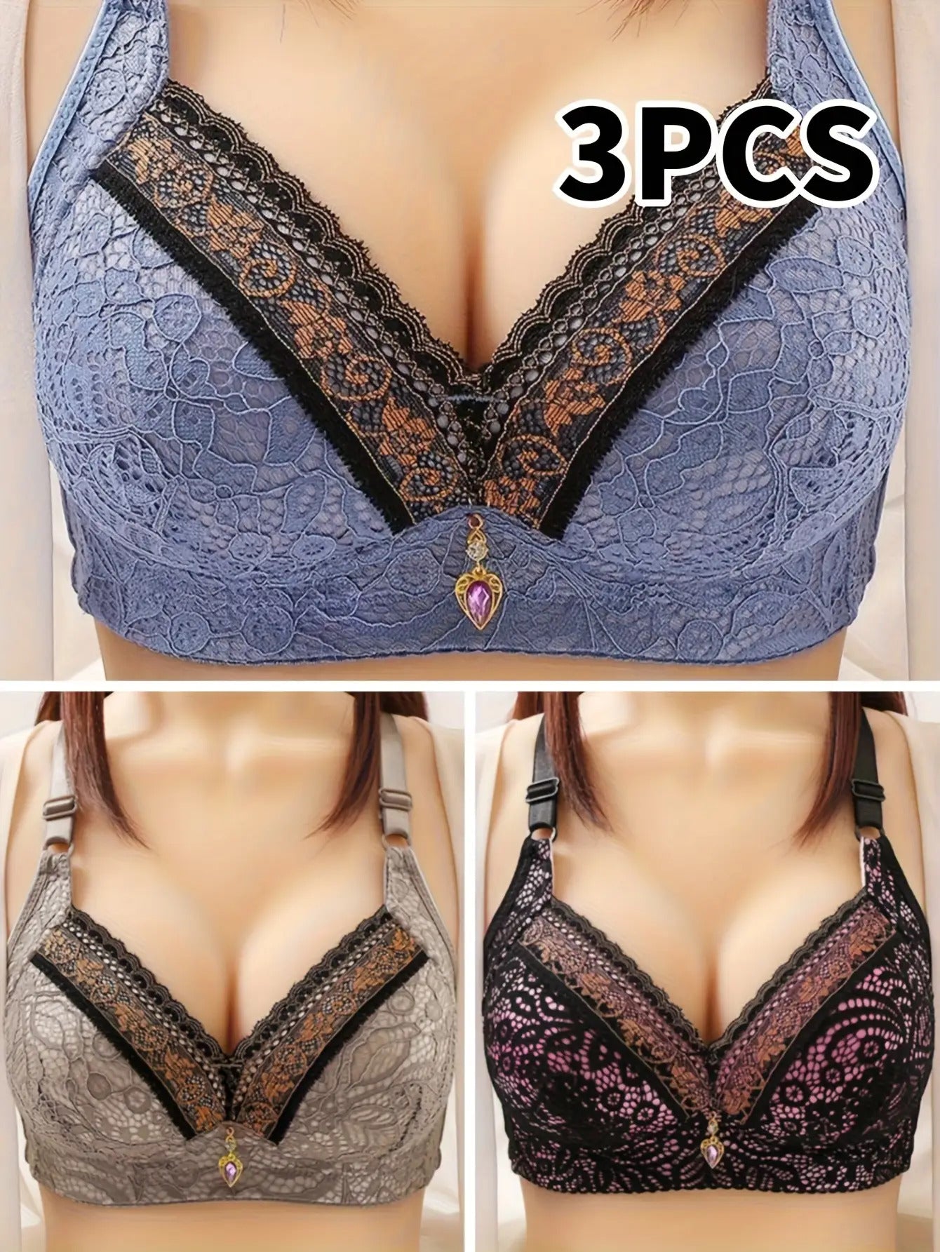 3pcs Elegant Lace Push-Up Bras