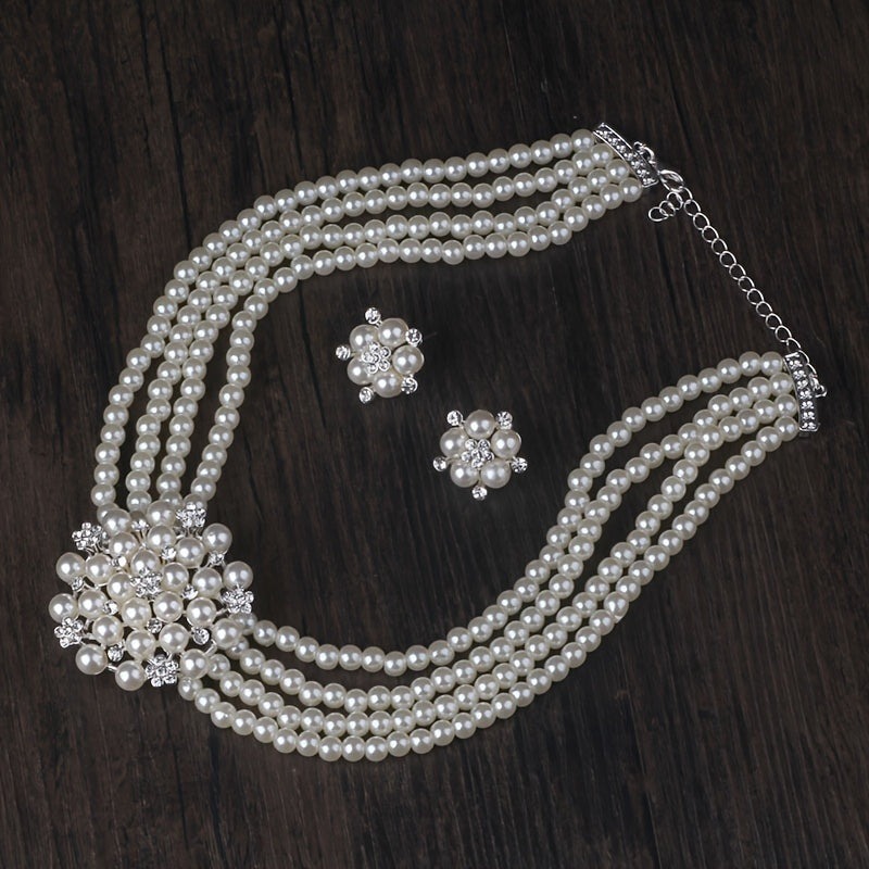 [Atmospheric Flower Necklace] 4-row Bead Necklace with a pair of earrings set