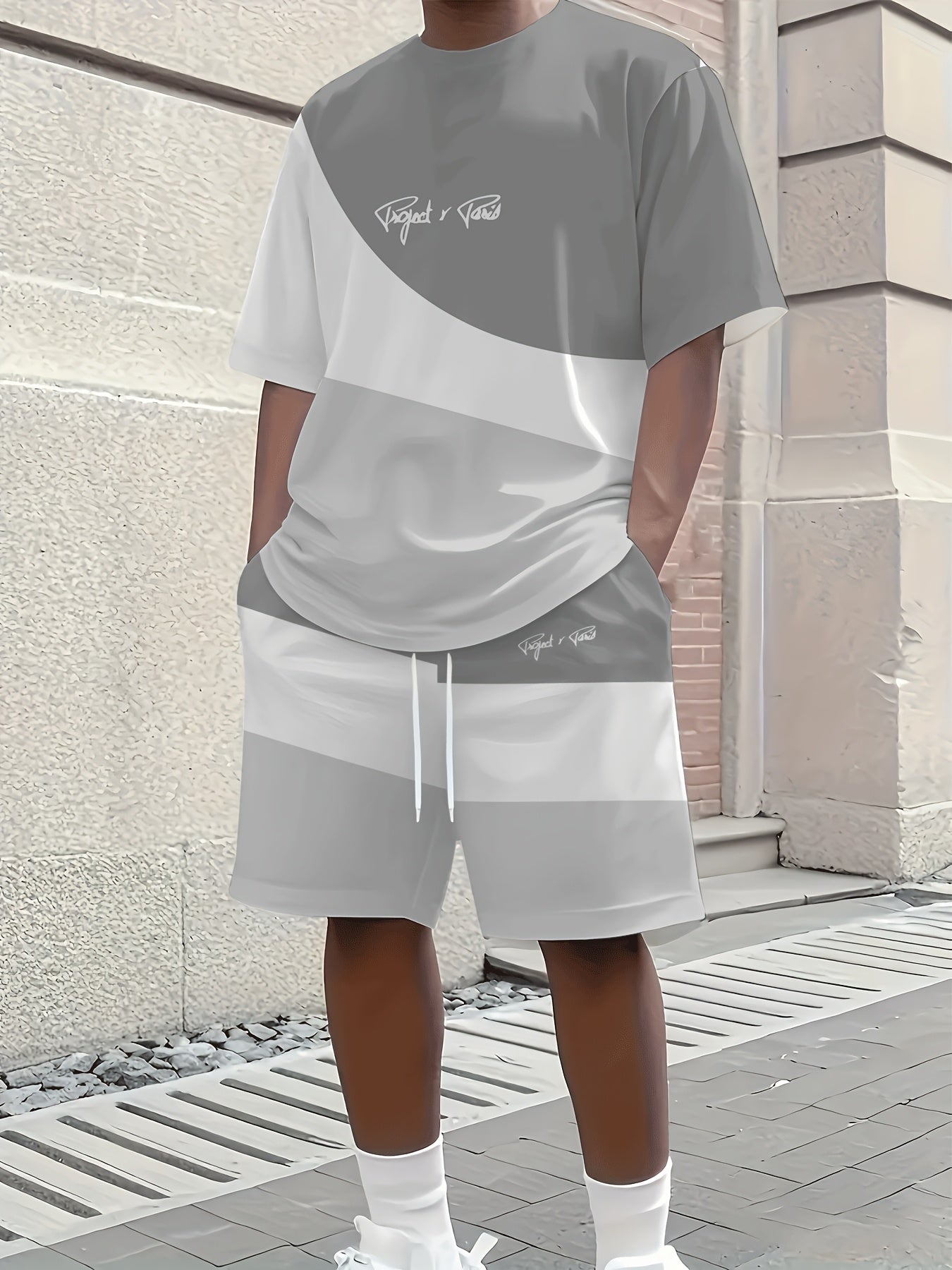 1 set of 2pcs 3D letter print stylish three-color Men's summer fresh T-shirt and shorts set