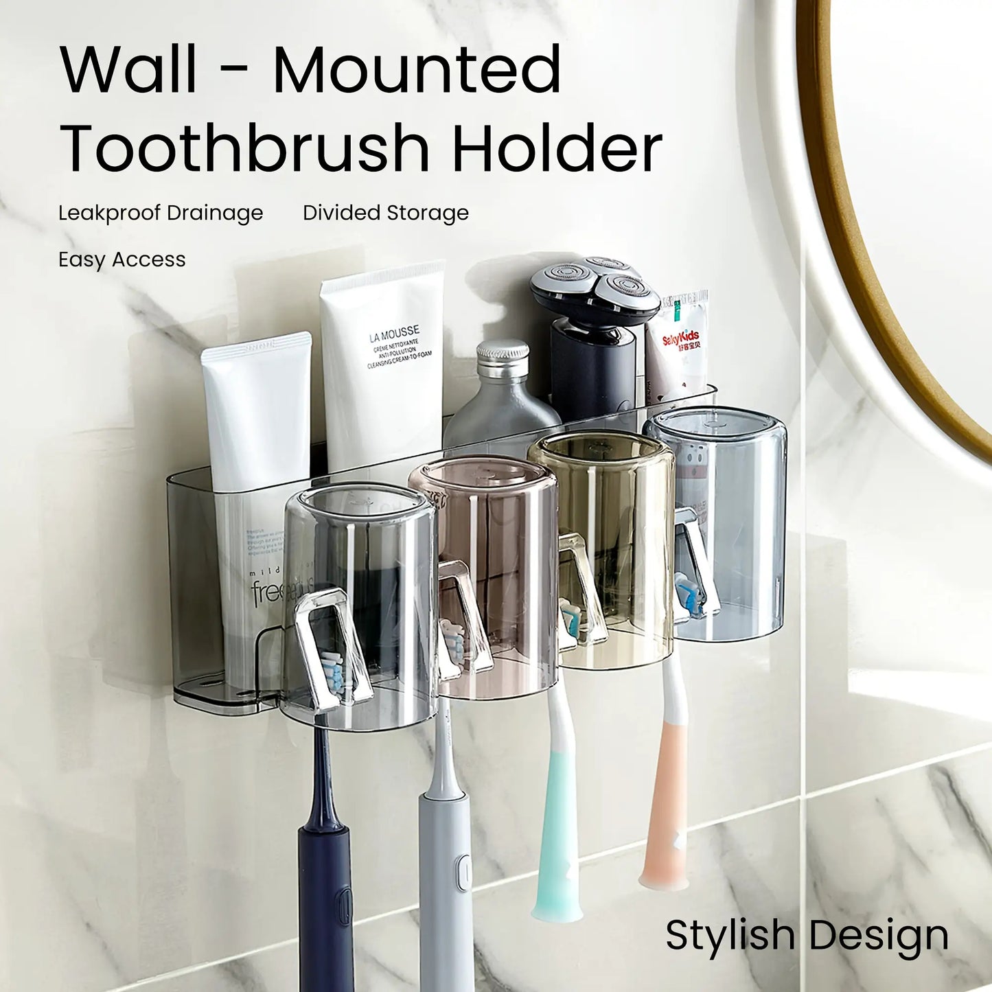 5pcs Wall-Mounted Toothbrush Holder with Leakproof Drainage
