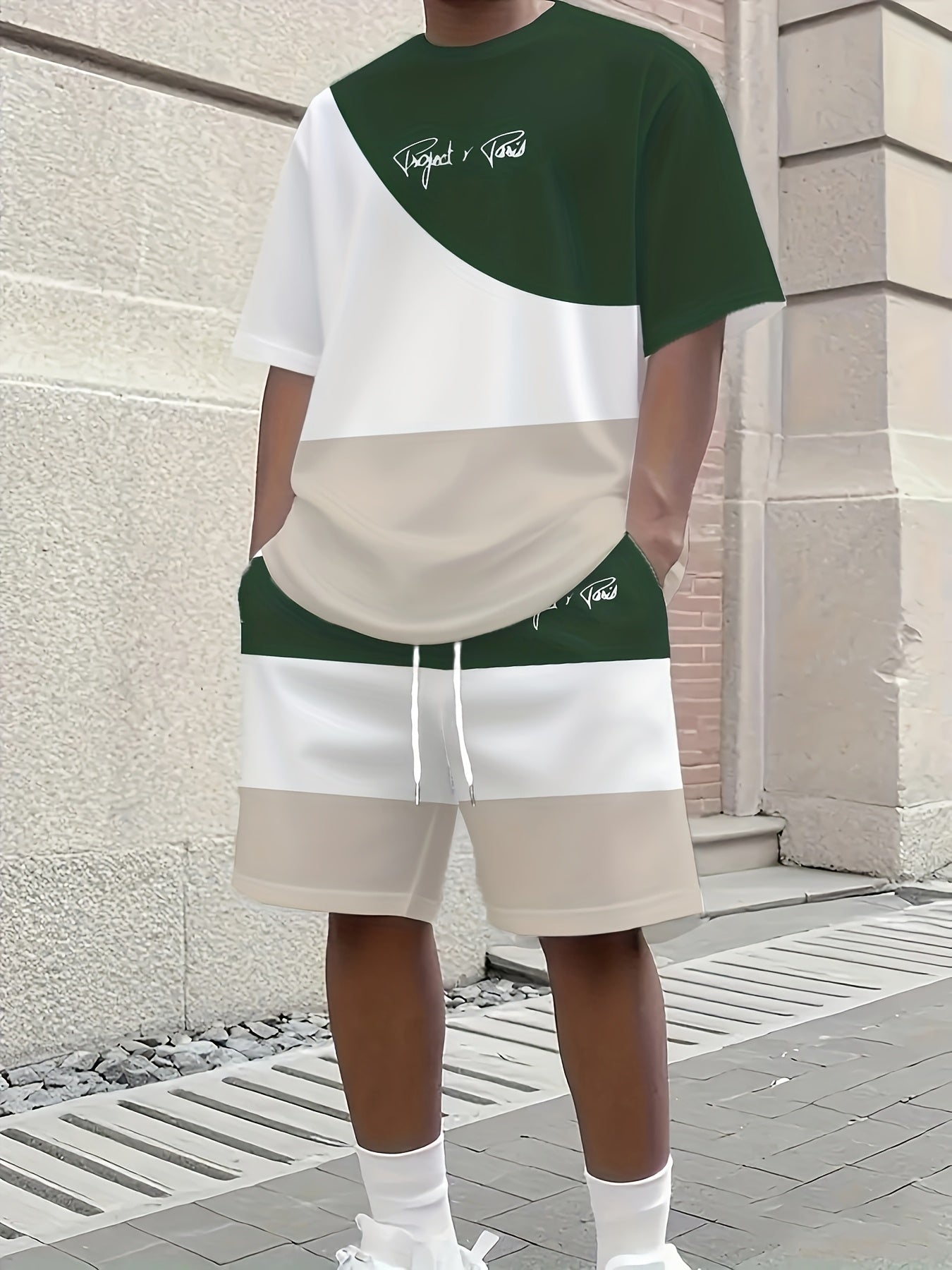 1 set of 2pcs 3D letter print stylish three-color Men's summer fresh T-shirt and shorts set