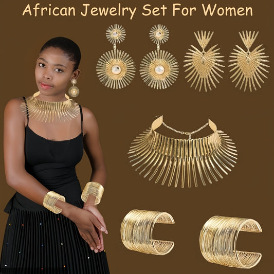African Collar Choker Necklace Earrings Bangle Set