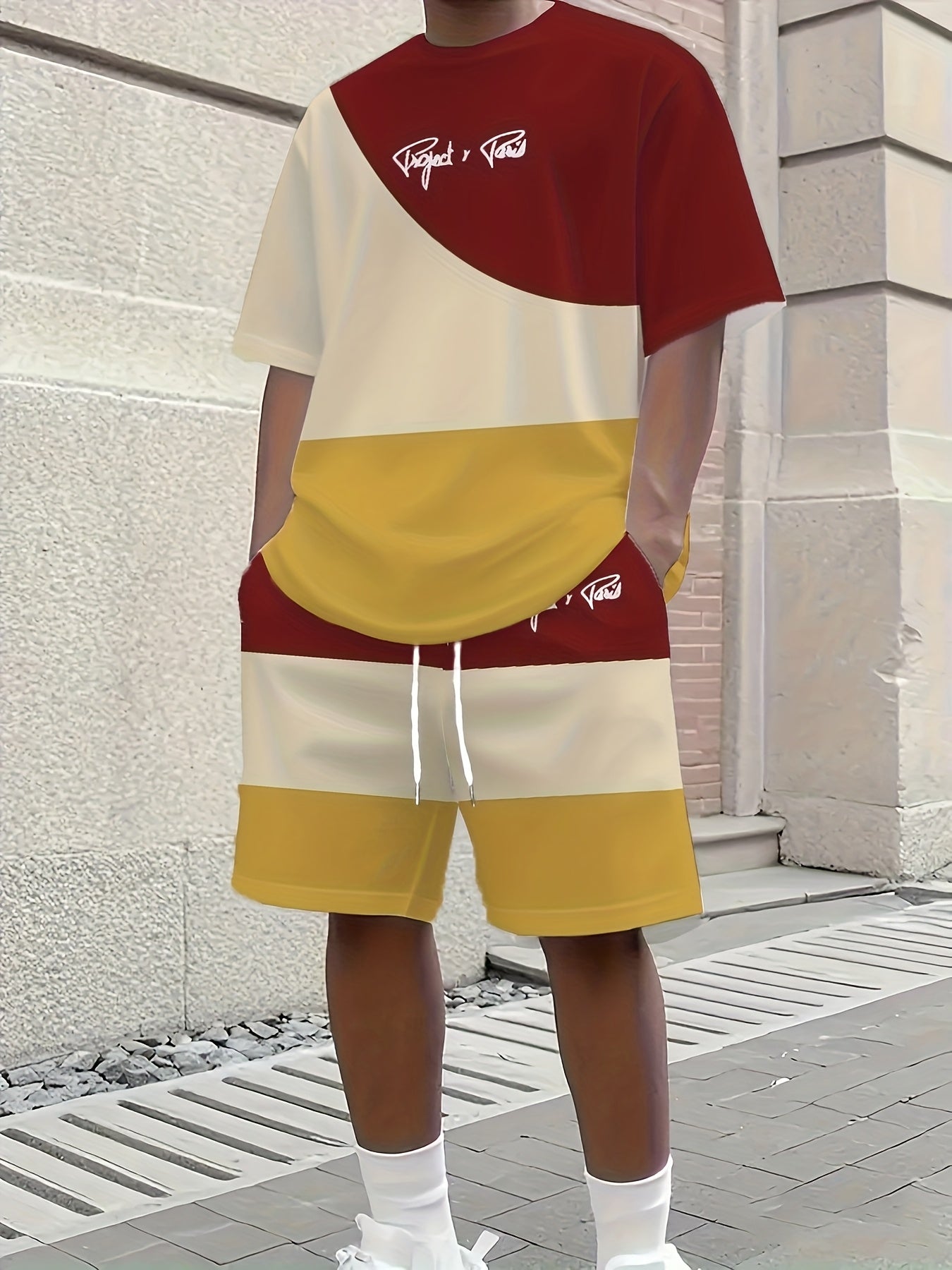 1 set of 2pcs 3D letter print stylish three-color Men's summer fresh T-shirt and shorts set